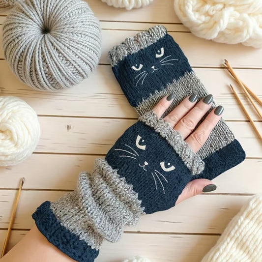 🔥Winter Hot Sale🎁Cat Knitted Embroidery Fingerless Gloves - Cosy, Stylish, Casual Winter Wear