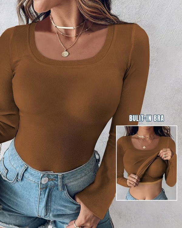 🔥Neck Built-in Bra Long Sleeve Ribbed Top Shirts Elegant Skinny Fit Fabric💥