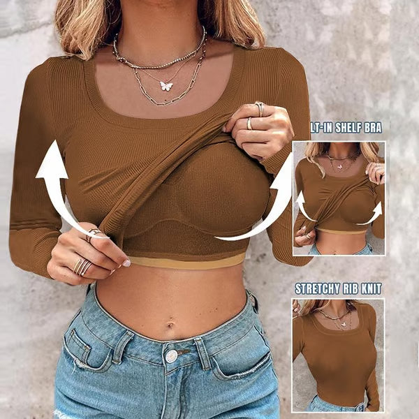 🔥Neck Built-in Bra Long Sleeve Ribbed Top Shirts Elegant Skinny Fit Fabric💥