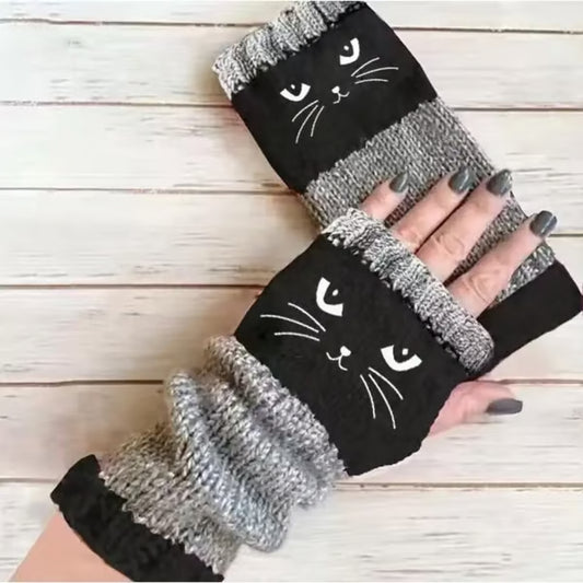 🔥Winter Hot Sale🎁Cat Knitted Embroidery Fingerless Gloves - Cosy, Stylish, Casual Winter Wear